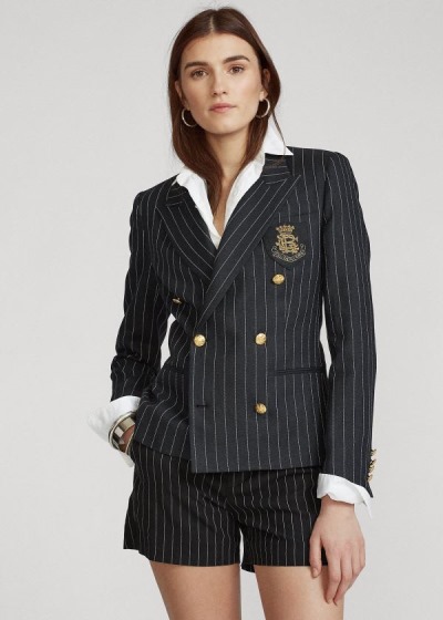 Blazer Polo Ralph Lauren Mujer Negros / Creme - Pinstripe Linen-Blend - FQBXP9563